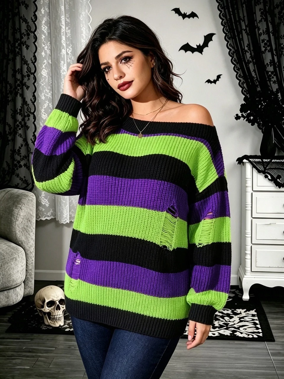 Women's Plus Size Halloween Striped Sweater Off Shoulder Distressed Knit Pullover Y2K Gothic Punk Oversized Fall Winter Top