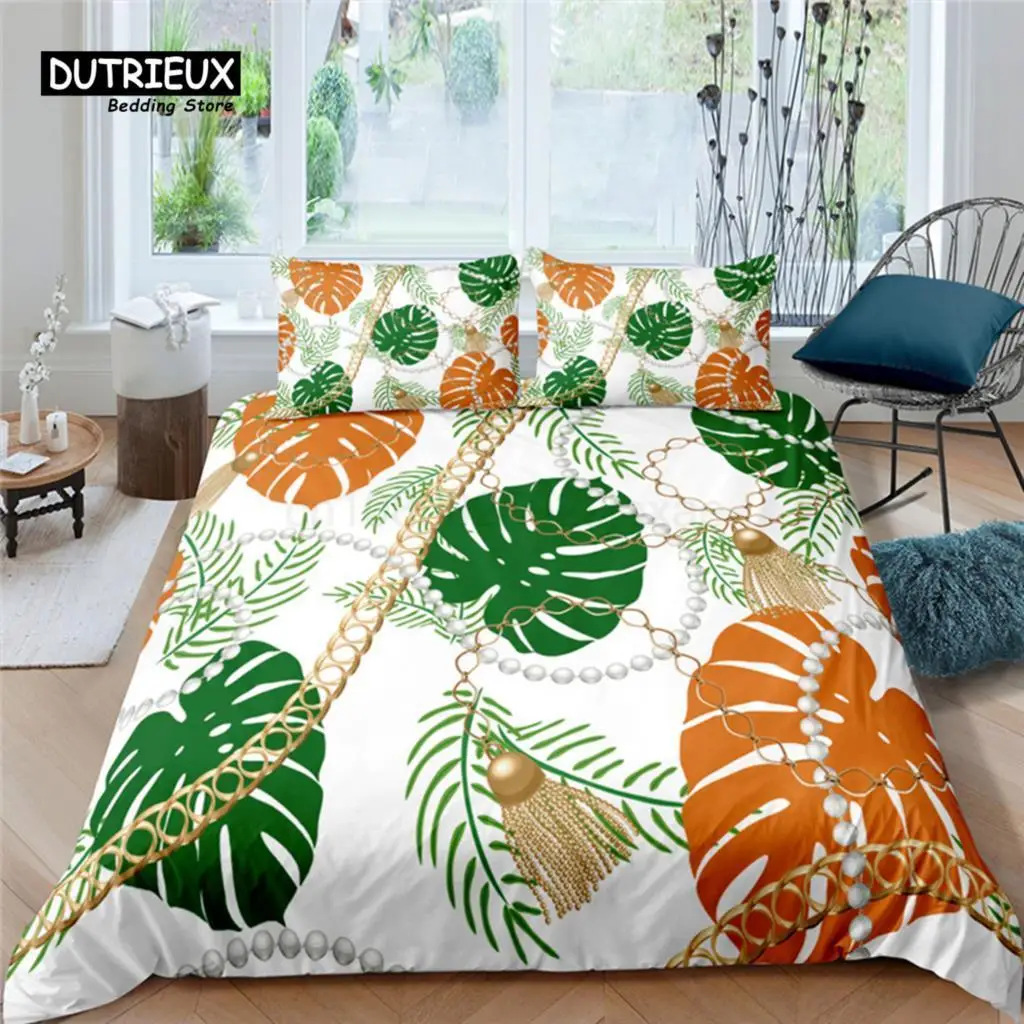 Home Living Luxury Golden Chain and Leaves Print 2/3Pcs Duvet Cover Set Queen Size and King Size Kid Bedding Set EU/US/AU Size