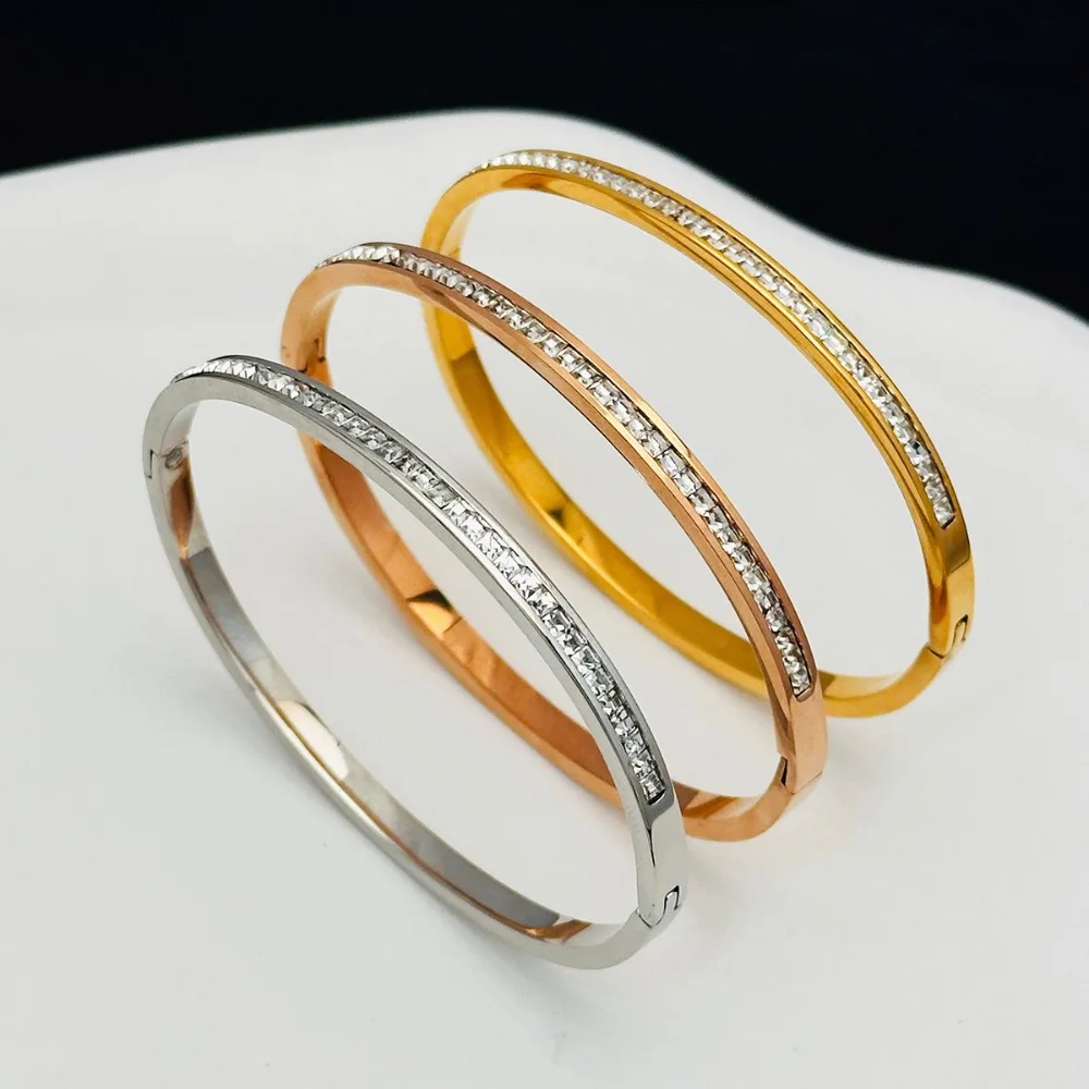 Luxury Shiny Full Zircon Cuff Bracelet for Women Charm Fashion Gold Color Stainless Steel Colorfast Bangle Bride Jewelry Gift