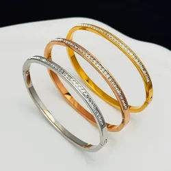 Luxury Shiny Full Zircon Cuff Bracelet for Women Charm Fashion Gold Color Stainless Steel Colorfast Bangle Bride Jewelry Gift