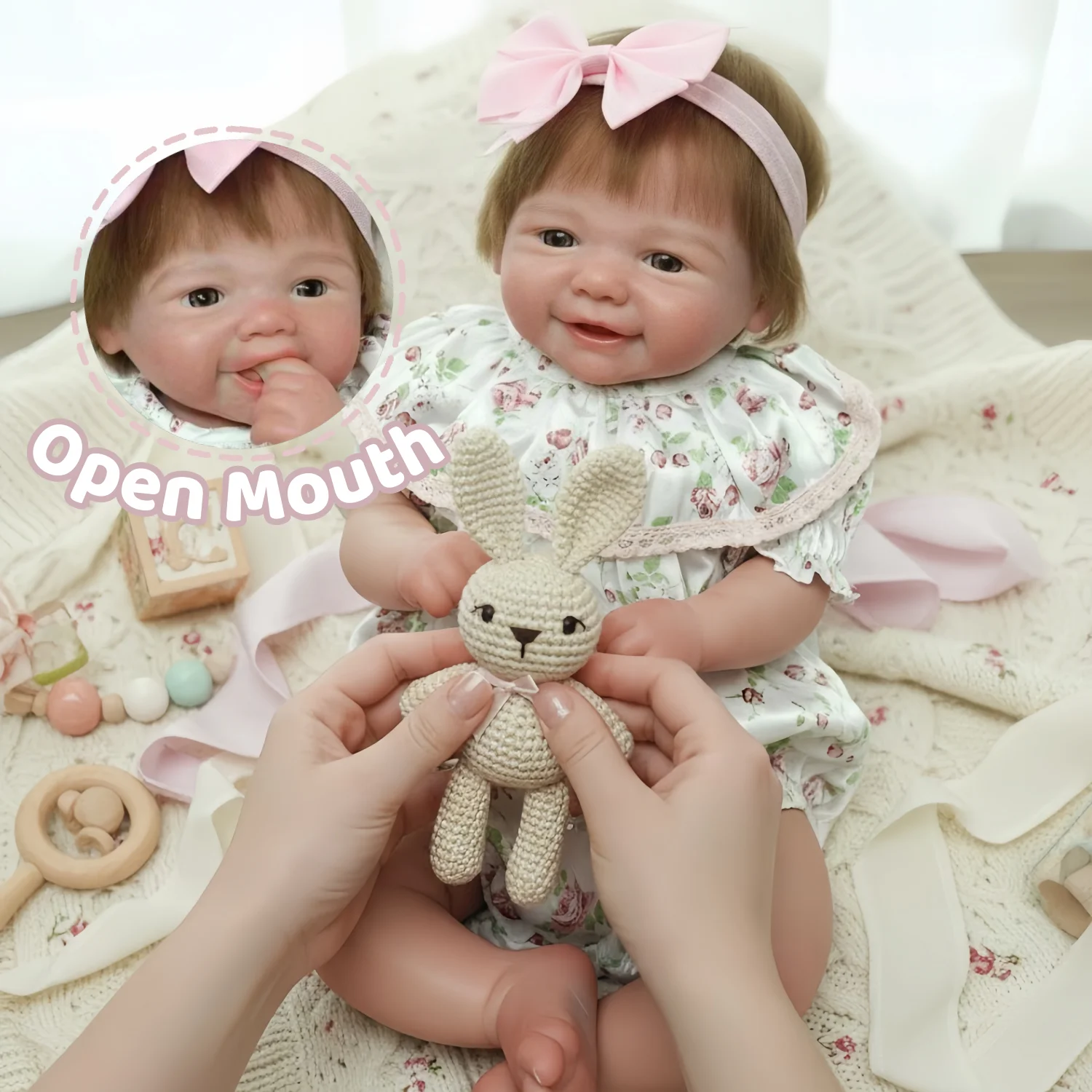 

43cm Open Mouth&Rooted Hair Soft Silicone Bebe Reborn Girl Doll With Painted Skin Lifelike Newborn Doll bebe reborn de silicona