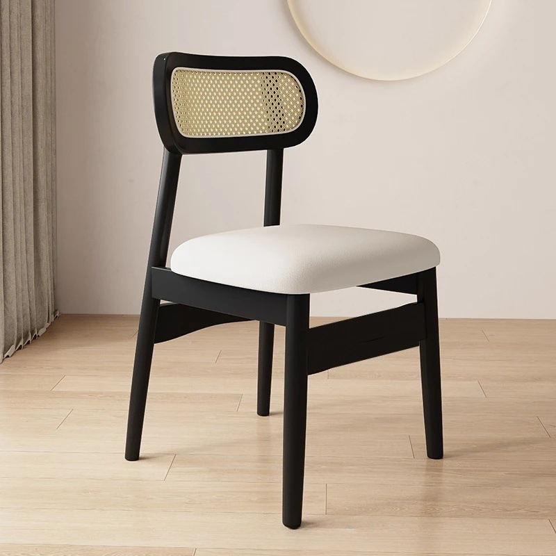Nordic style solid wood dining chair, rattan mesh backrest chair, light luxury solid wood leisure chair, leather cushion chair