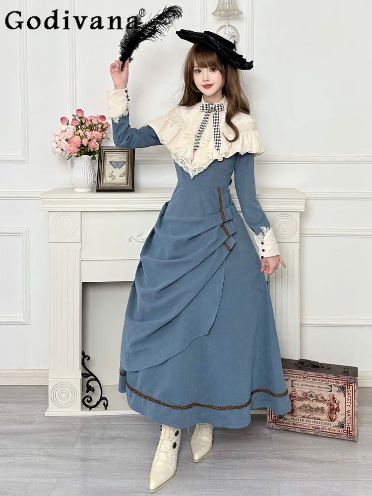 

Lolita Elegant Long Sleeve Sweet High Waist Temperament Princess Dress Spring Autumn Ruffles Stand-up Collar Irregular Dresses