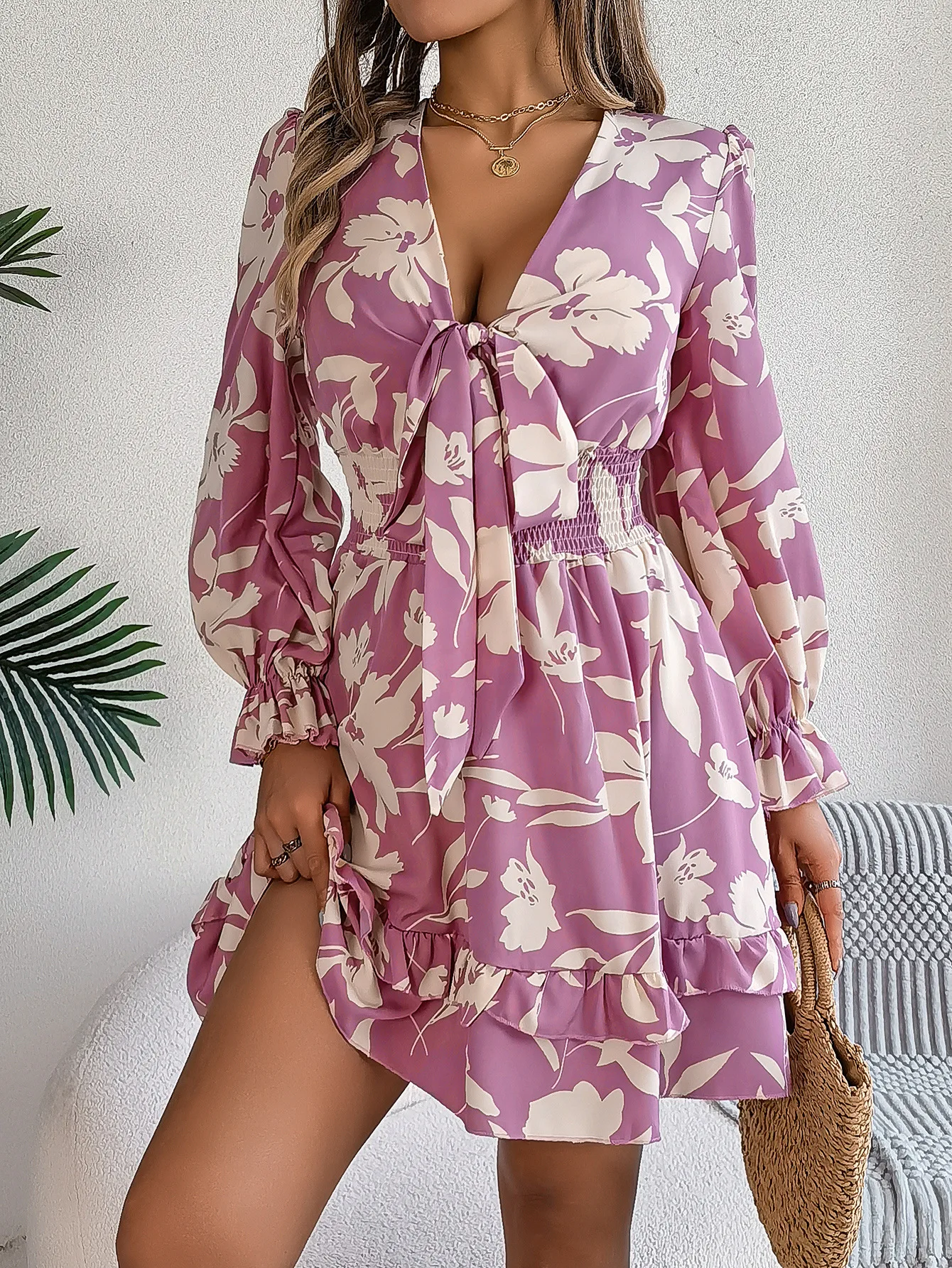 2025, Herbst-Winter, lässig, floral, langärmelig, A-Linien-Rock mit ausgestelltem Saum, Damenkleid, elegante Mode, schöne Damenkleider