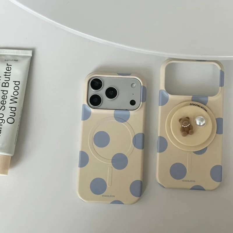 

Fashion Creamy Yellow Big Polka Dot Magnetic Phone Case For Apple iPhone 16 Pro 17 15 Pro Max Cover with Bear Holder For Magsafe