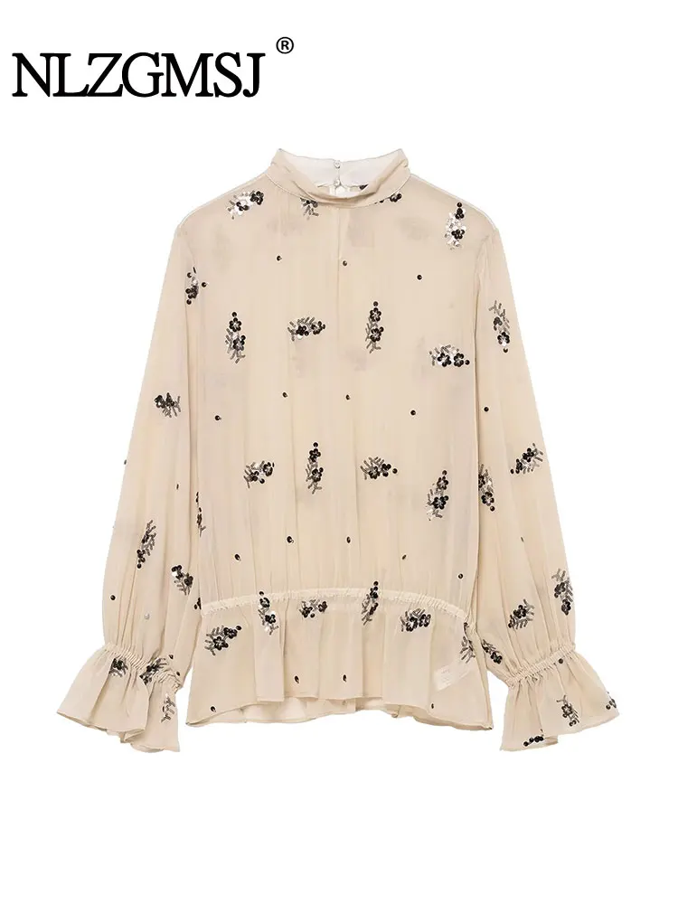 

NLZGMSJ шикарная однотонная женская блузка с блестками и длинным рукавом, свободные рубашки, новая мода, осень 202, праздничная повседневная элегантная блузка
