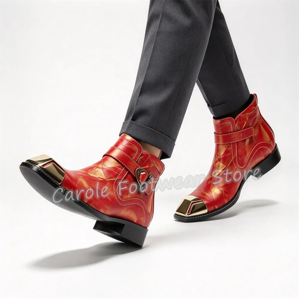 Male Metal Square Toe Buckle Strap Ankle Boots Fashion Mixed Color Genuine Leather Chelsea Boots Punk Stage Party Dress Boots