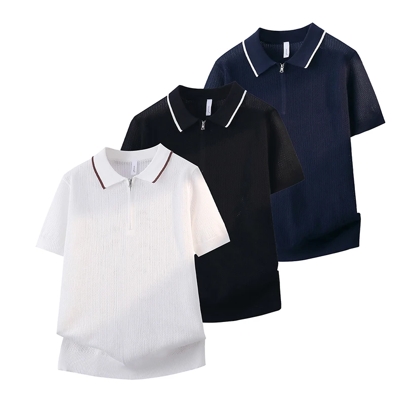 Summer Men Short-Sleeve Polo Shirt Half-Zip Pullover Knit Top Y2K Hollow Lapel Solid Men's Comfort Blouse Outdoor-Homewear Tops