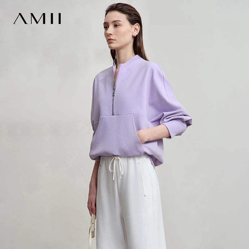 AMII المرأة هوديي عادية القطن فضفاض الوقوف طوق Batwing كم بلوزات للنساء 2025 الخريف كم طويل بلايز 12543116 #5
