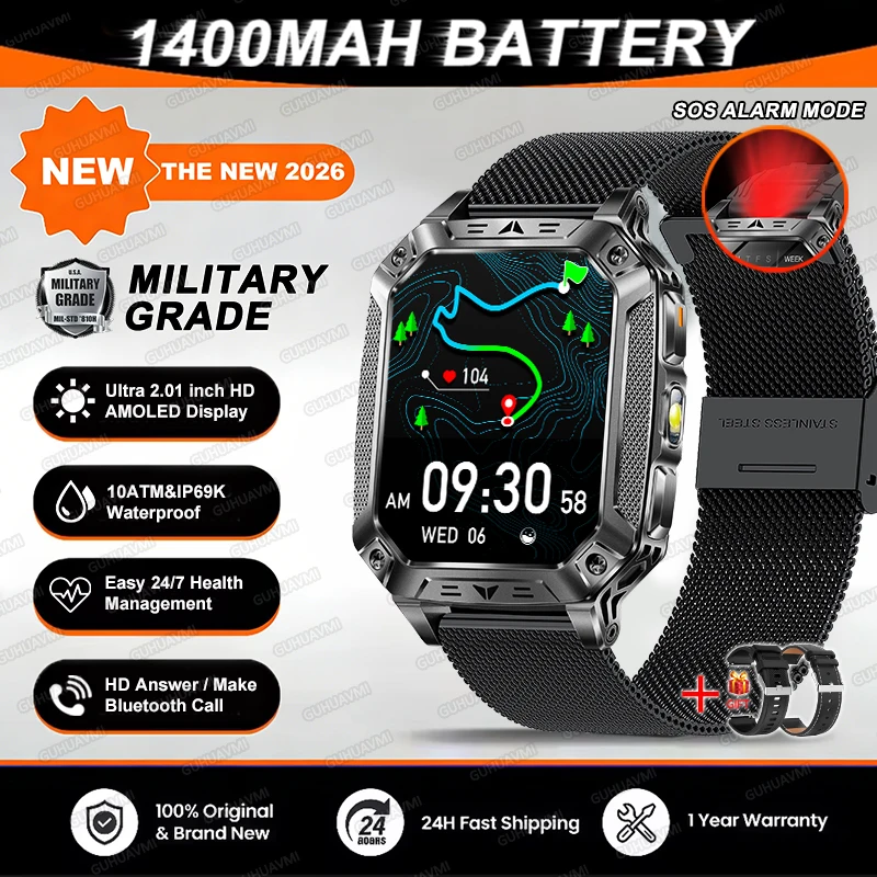 2026 TANK Nieuwe 1400mAh Militaire GPS Smart Watch Mannen 2.01 "AMOLED Scherm 10ATM Waterdichte Klok SOS Oproep Zaklamp Smartwatch iOS