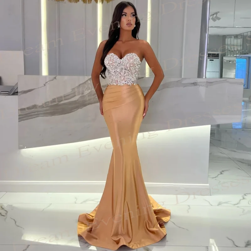 

Luxury Gold Mermaid Sweetheart Evening Dresses Fashion Sleeveless Satin Beading Draped Prom Gowns Vestidos Elegantes Feminino