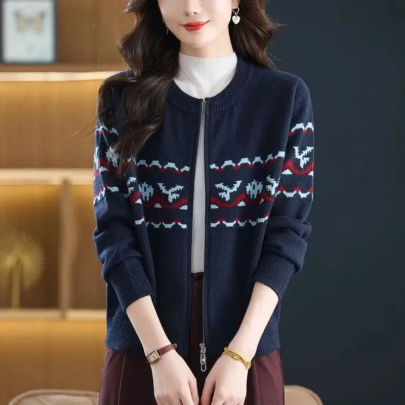 

Vintage Fashion Knitwear Short Cardigan For Women Woolen Spring Autumn Sweater Coat Zipper Printed Knit Jacket Female Jumper