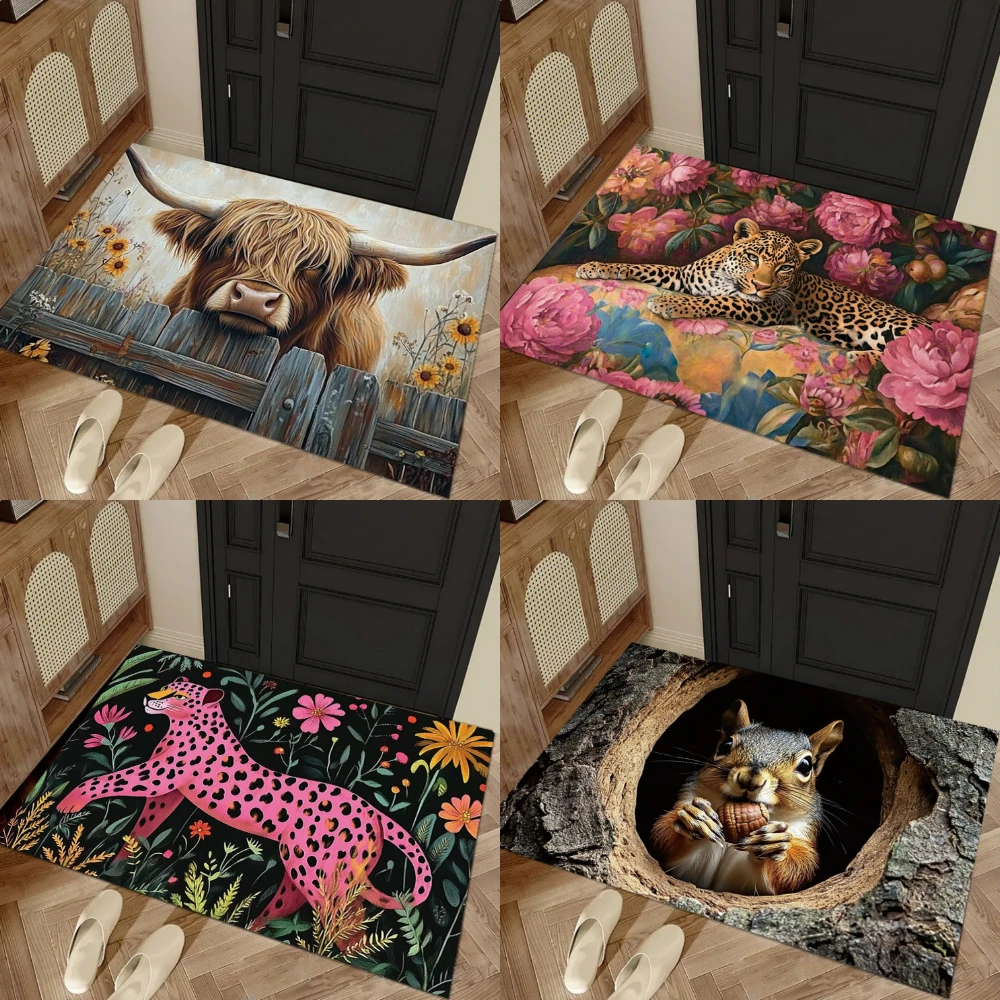 3D Visual Leopard Alpine Cattle Print Doormat Floral Welcome Rug Kitchen Laundry Room Floormat Living Room Bedroom Decor Doormat