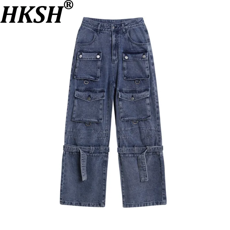 HKSH Spring Autumn Men High Street Vintage Multi-Pockets Jeans Loose Wide-Leg Trendy Tie Design Denim Pants Safari Style HK19899