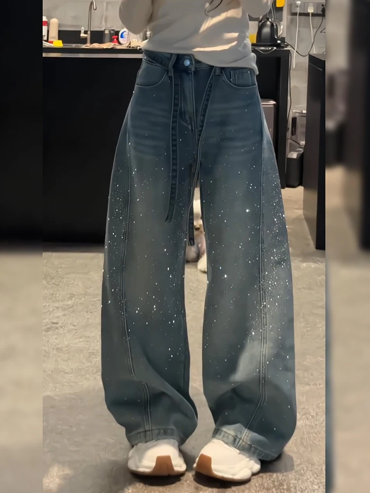 

American High Street Vintage Rhinestone Splicing Denim Pants Women's Autumn Spicy Loose Lazy Feel Fleece Floor-Length Pants