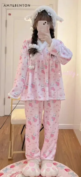 

2025 Winter Double-Sided Flannel V-Neck Pajamas Korean Style Cute Sweet Girl Homewear Comfortable Soft Warm Set
