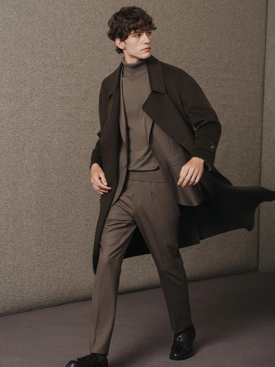 معطف رجالي 95% صوف 5% كشمير مزدوج الوجه مزدوج الصدر سترة شتوية ثقيلة منتصف طول معطف على شكل ثوب للعمل والملابس