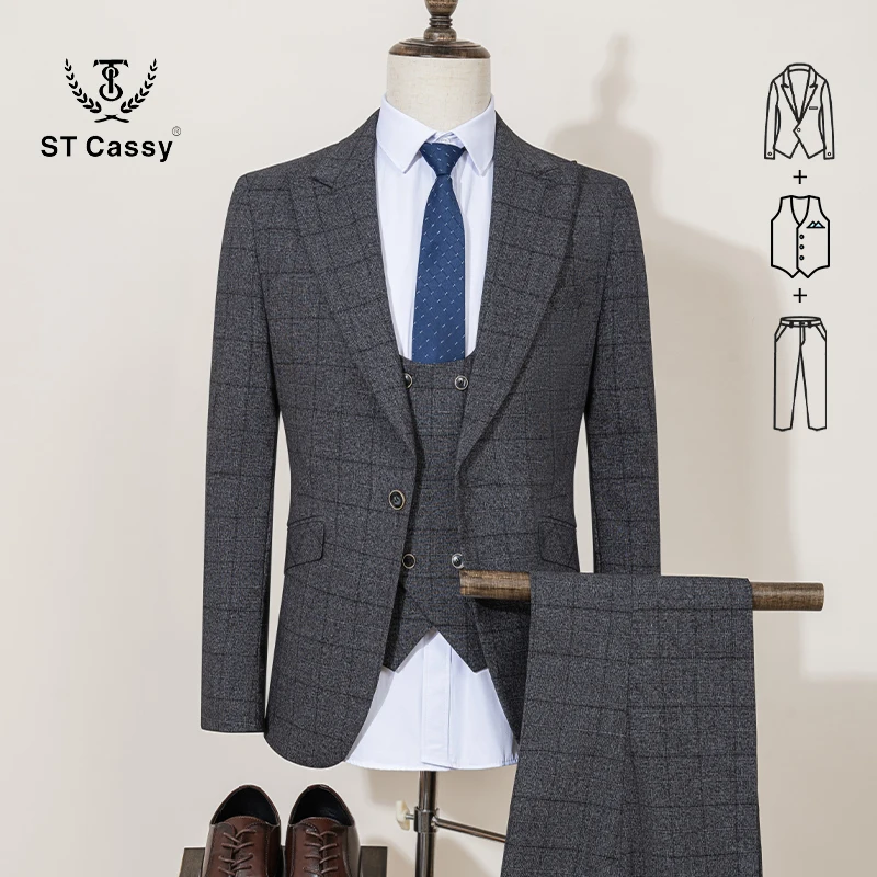 

ST Cassy 3-pcs set High Quality grey Plaid suit Formal Business Office Men's Suits Fashionable and Casual evening gown