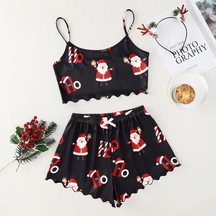 Women's Sleepwear Christmas Santa Print Pajama Set with Spaghetti Strap Top and Shorts Crew Neck Sleeveless Loungewear