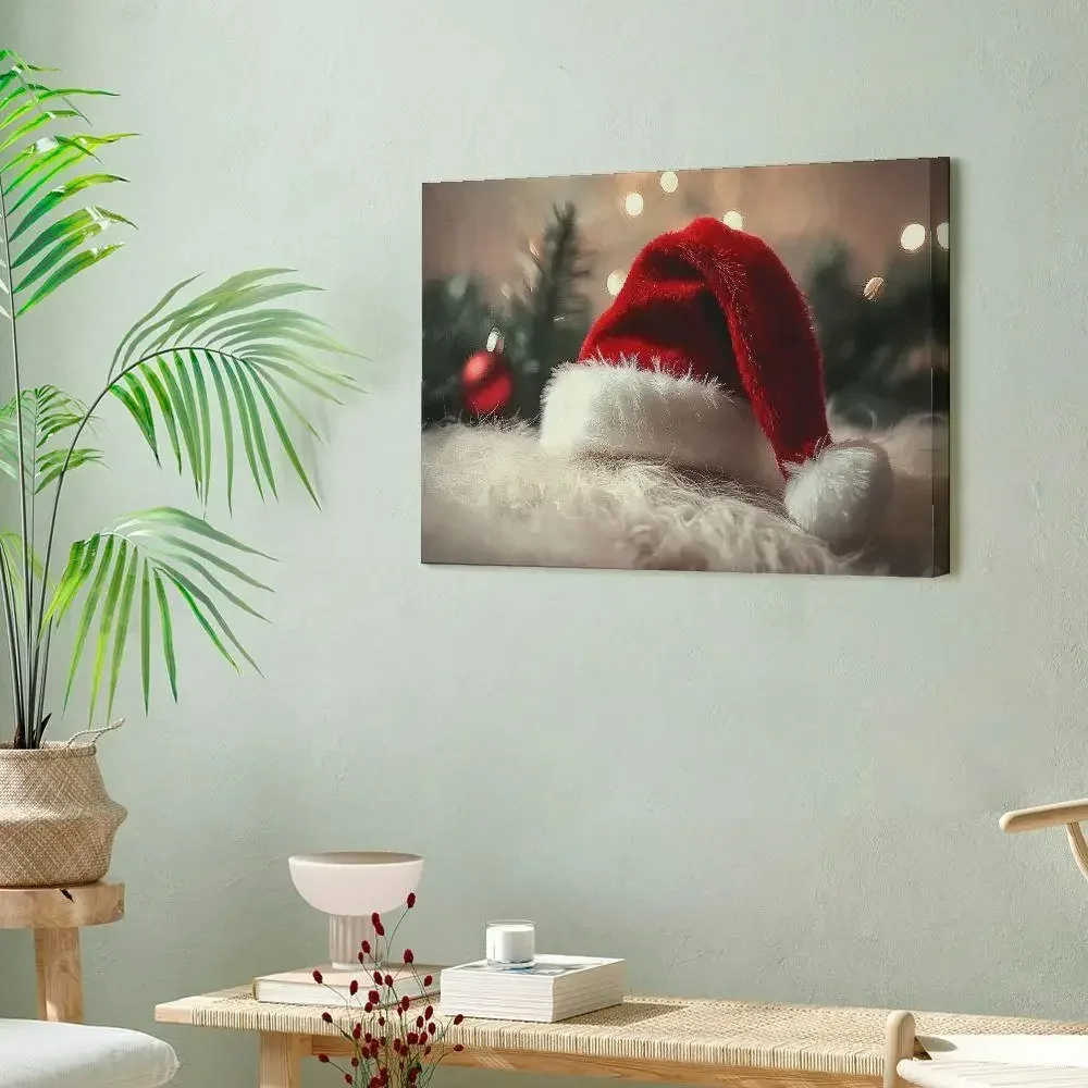 Sombrero de Papá Noel - Póster de Navidad Vintage Navidad Decoración navideña vintage Pintura al óleo navideña con marco de madera Navidad