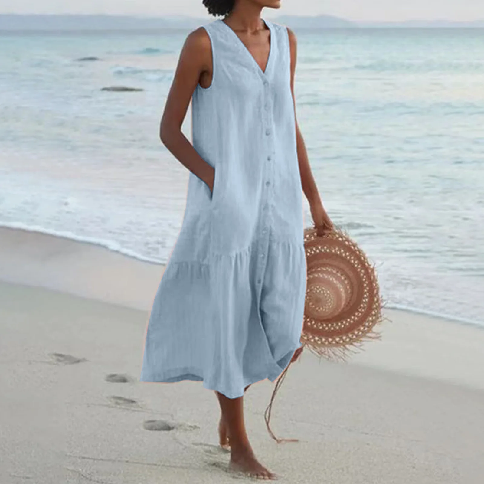 Summer Loose Casual Patchwork Cotton Linen Pockets Dress V Neck Beach Style Dress Sleeveless Vintage Club Midi Solid Women Dress