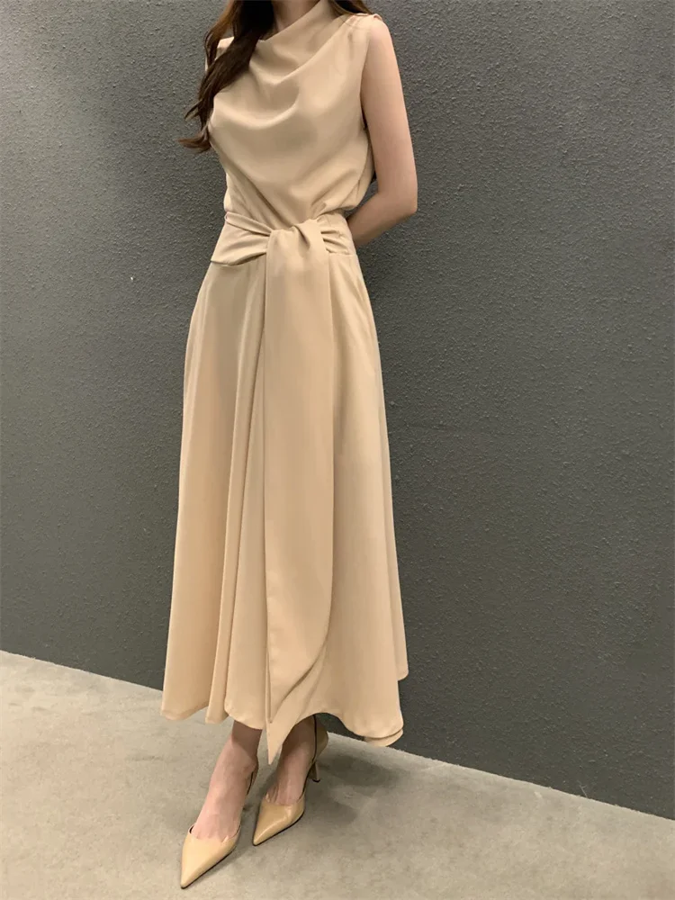 

OL Style Summer Dress for Women Elegant Stacked Collar Tie Up Waist Slim Sleeveless Tank Dress Solid Color Pocket Midi Dress