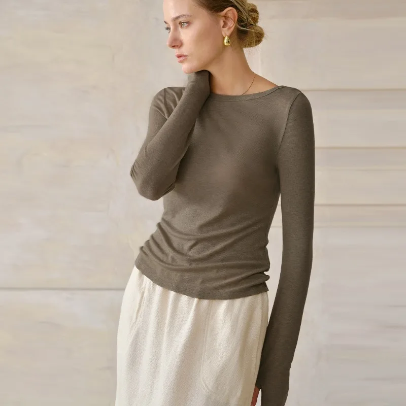 Casual Lyocell Cotton Simple T-shirts Women Long Sleeve One-line Collar Warm Basic Slim Fitness Knitted Wool Coffee Softwear Top