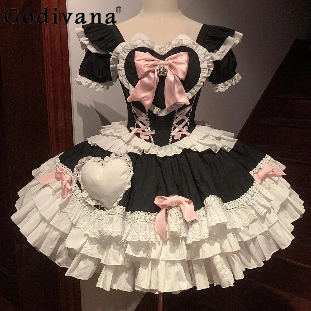 

Cute Sweet Japanese Short Sleeve Dress for Women Lolita Puffy Princess Kawaii Black Dress