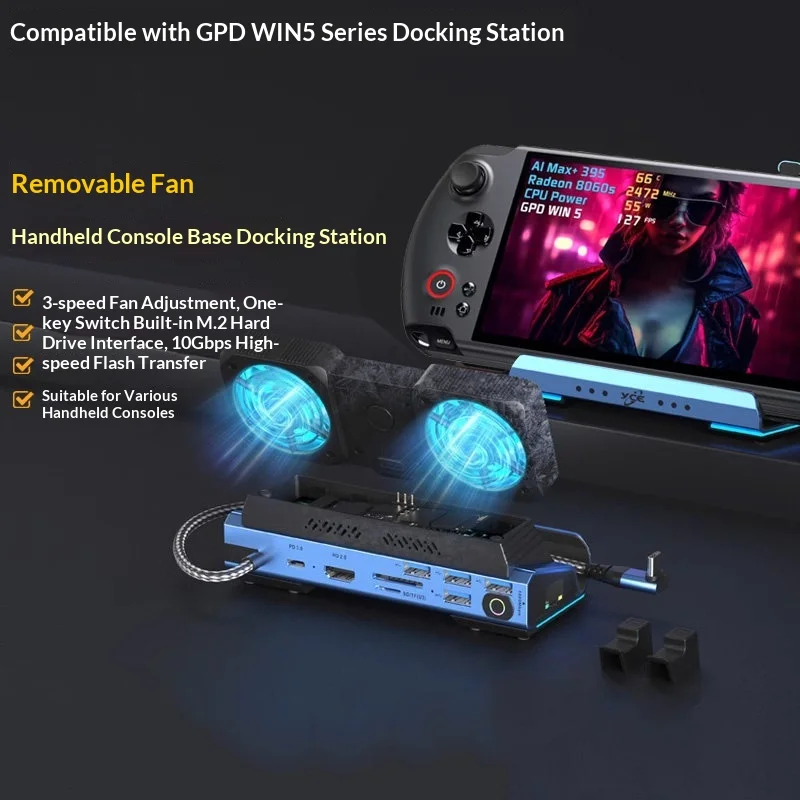 

For GPD WIN fan cooling, USB with expandable hard drive extender, HDMI screen mirroring, mouse and keyboard connection