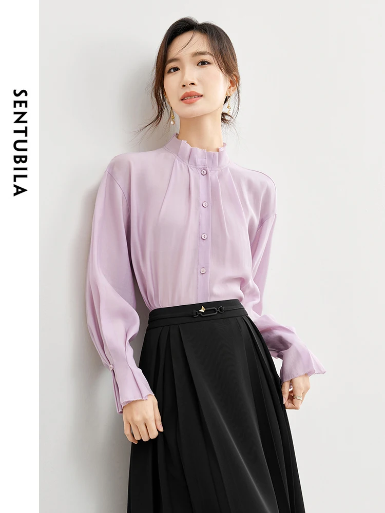 SENTUBILA Stand Collar Elegant Lyocell Shirt 2024 Spring Loose Petal Sleeve Button Up Woman Blouses Long Sleeves Tops 141C53062