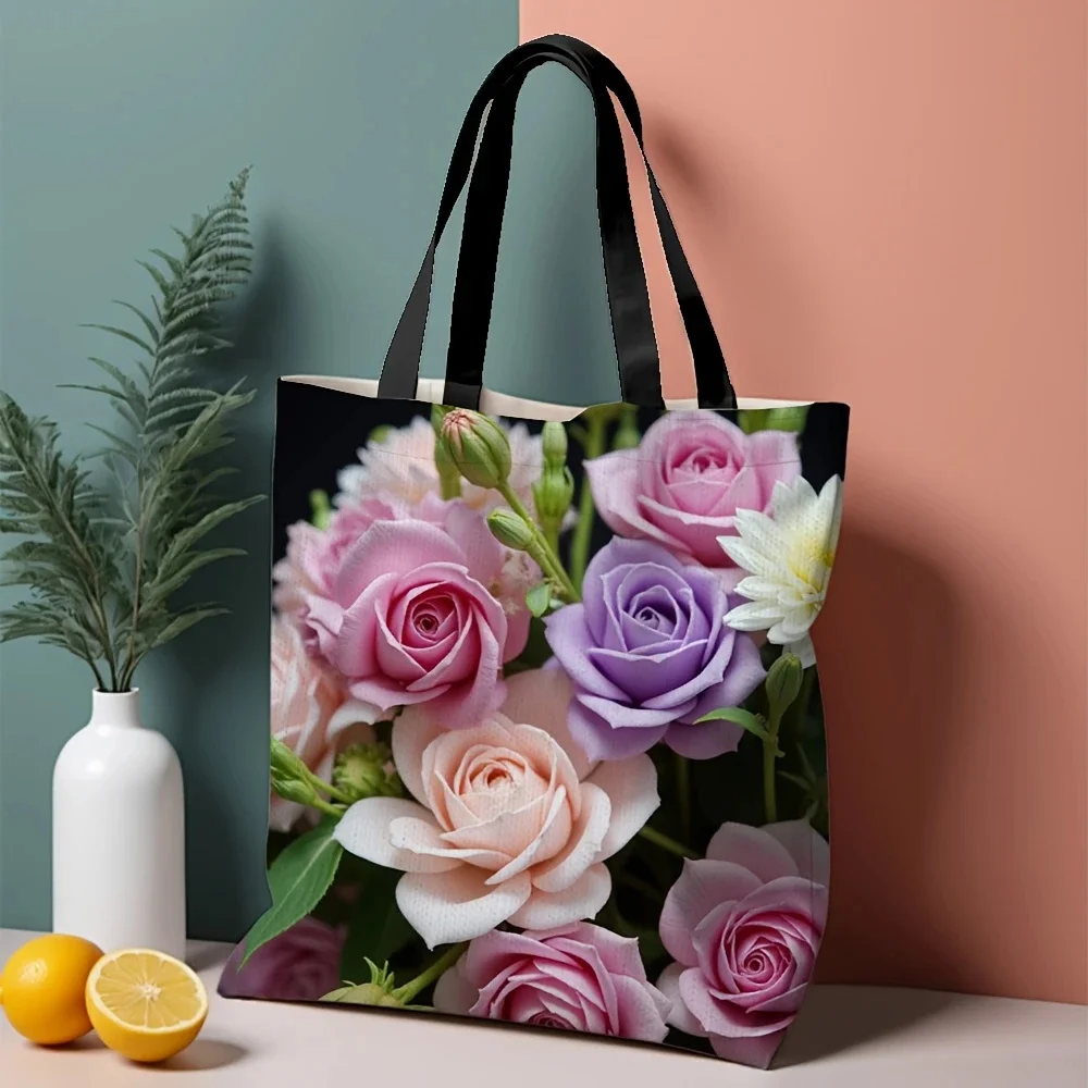 1pc 40x38cm Vintage Floral Polyester Tote Bag with Fixed Shoulder Straps, Canvans, Hand Washable, Elegant Design, Well Made