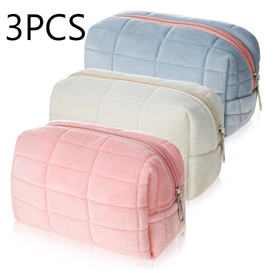 Juego de 3 piezas de bolsas de maquillaje de felpa, bolsa de maquillaje a cuadros, bolsa de aseo de viaje con cremallera de gran capacidad, bolsa de almacenamiento multifuncional portátil, linda bolsa de almacenamiento para brochas de maquillaje, adecuada