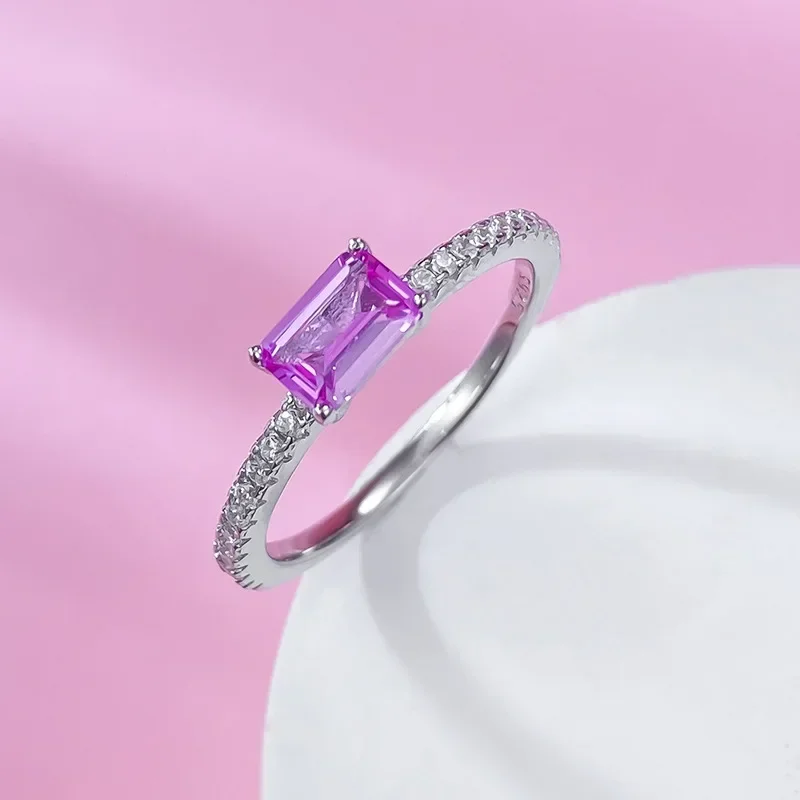 

New 2024 New Pure Silver 4 * 6 Pink Gang Sugar Single Diamond Simple and Versatile Style Proposal Ring Ring Women's Wedding