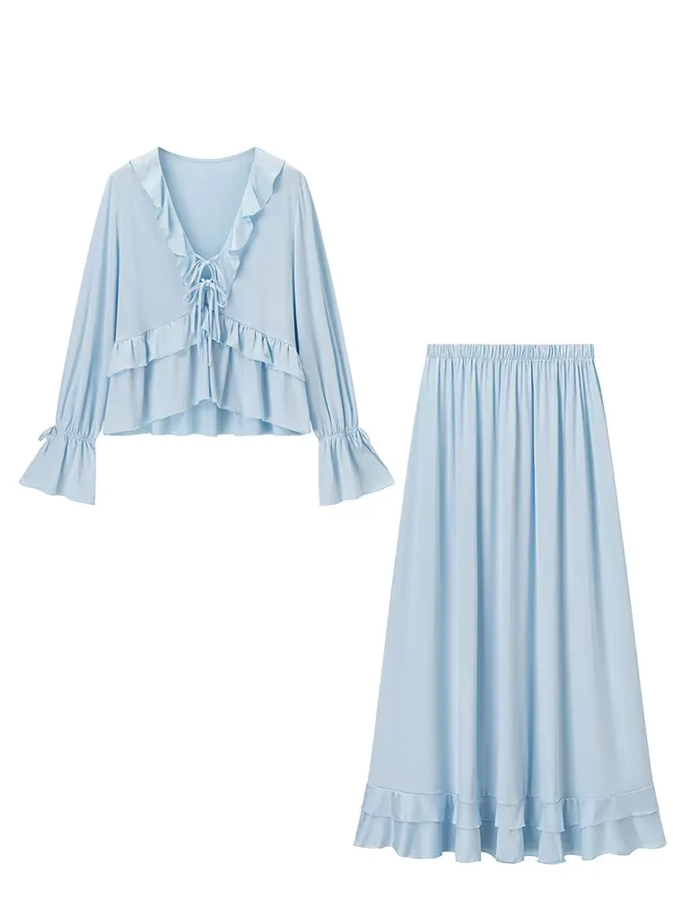 

HH женские однотонные комплекты юбок с v-образным вырезом и длинными рукавами, рубашки с украшением на шнуровке и эластичной резинкой на талии, длинная юбка, женские повседневные костюмы