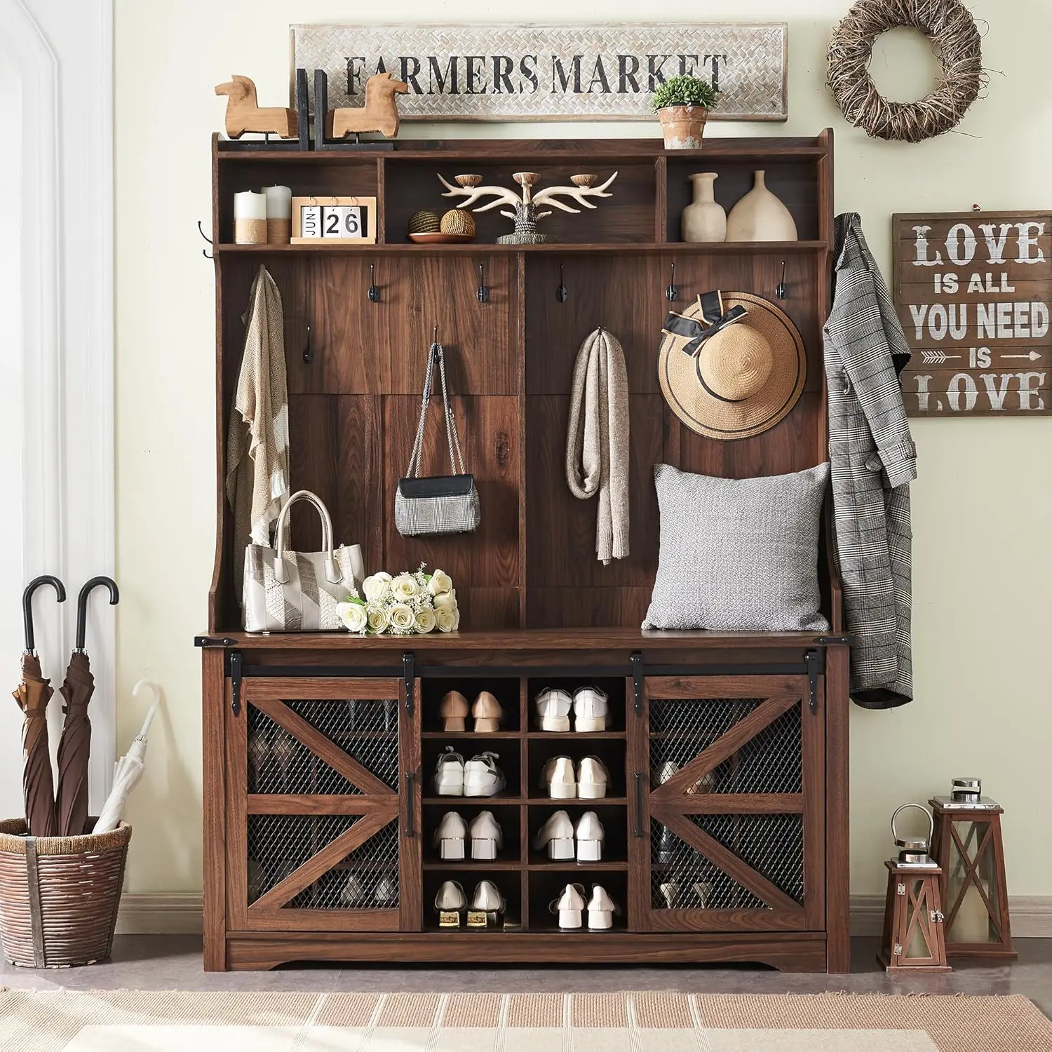 Farmhouse Entryway Bench with Coat Rack - 59