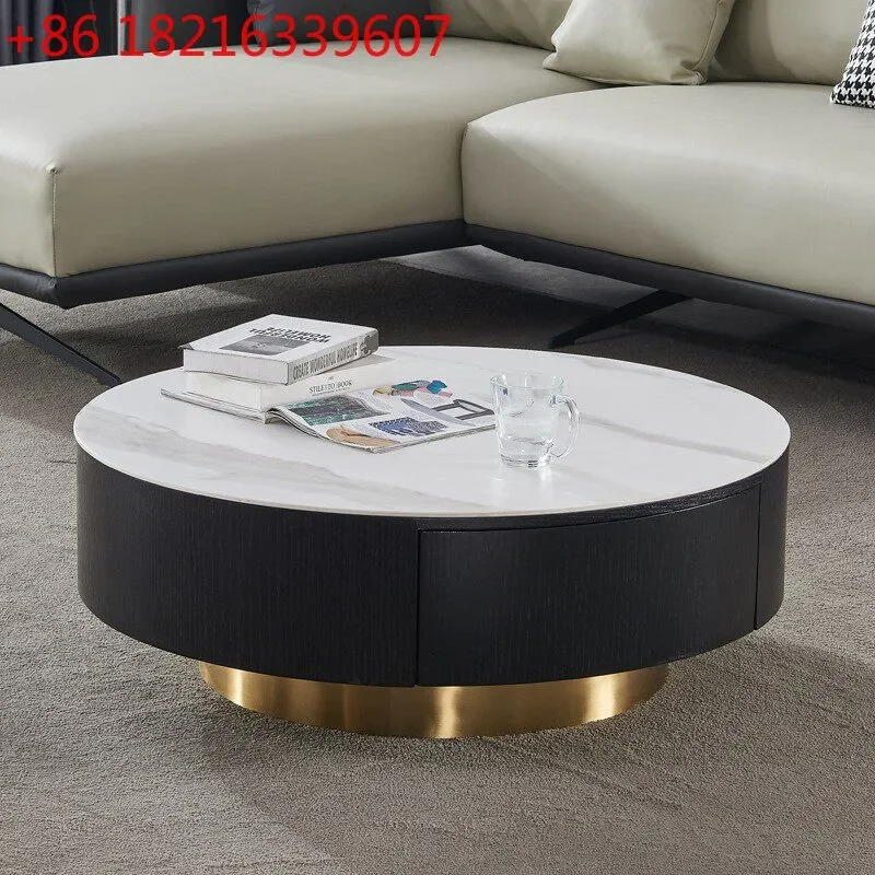 Italian Minimalist Round Coffee Table Single Rock Slab Top Solid Wood Base Black White Gold Legs Small Apartment Living Room