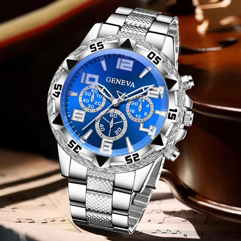 2PC Men's Watch Set Business Trend Digital Scale Blue Circular Dial Quartz Watch Bracelet Set
