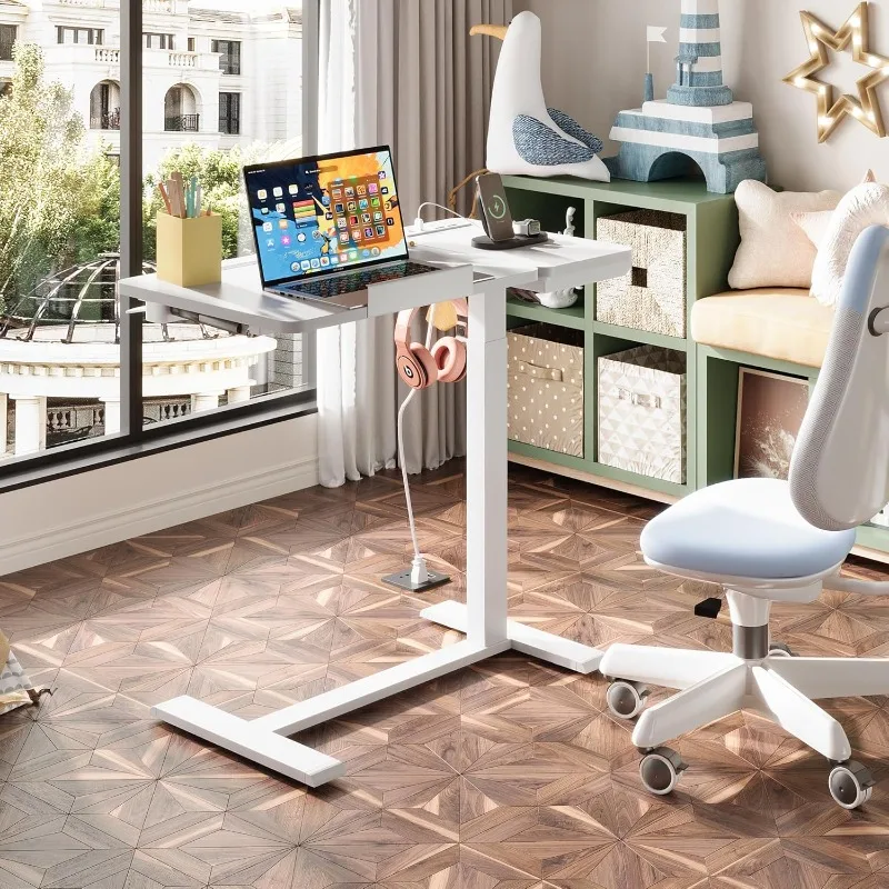 مكتب قائم، طاولة طبية فوق السرير مع صينية دوارة ومخرج طاقة، زاوية هوائية مزدوجة ومكتب قابل لضبط الارتفاع