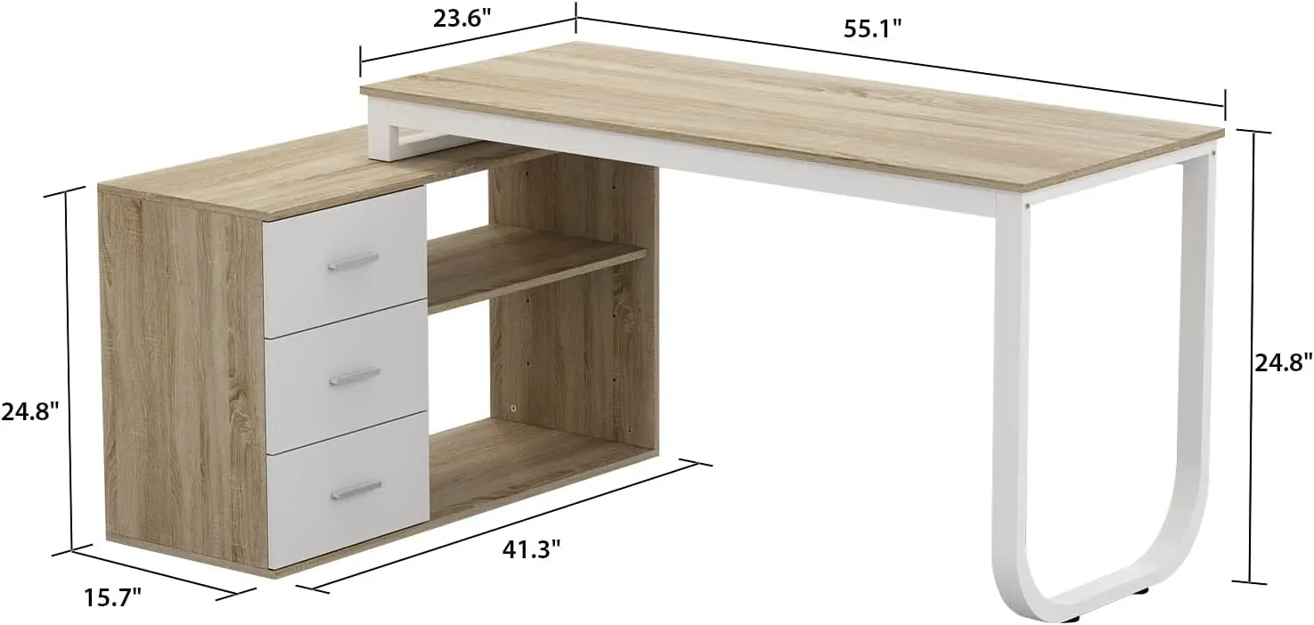 Office Computer L-Shaped Desk Corner Desk with 3 Drawers & 2 Shelves, 55 Inch Large Study Writing Table with Storage Cabinet