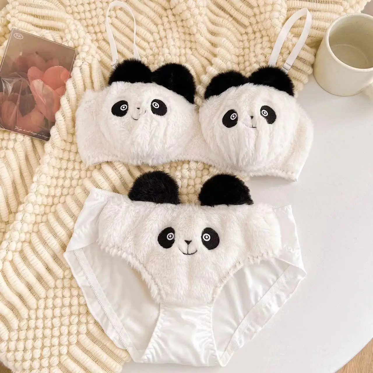 2024 Plush underwear black panda women's cute panda underwear set sweet lolita bow plush trim bra & panties sets Kawaii lingerie