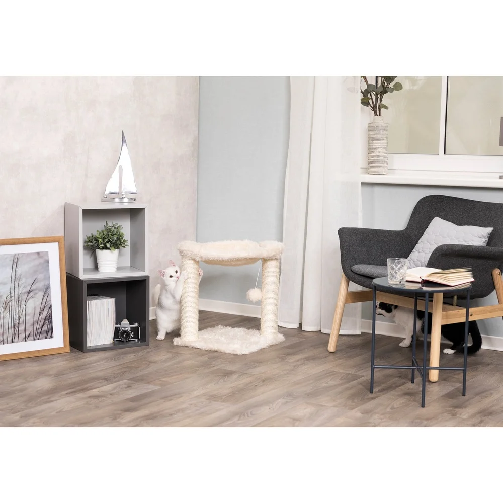 Dual Post Cat Scratching Tree with Hammock and Pom Pom Toy Plush Jute Scratchers Kittens and Adult Cats Pet Relaxation Play