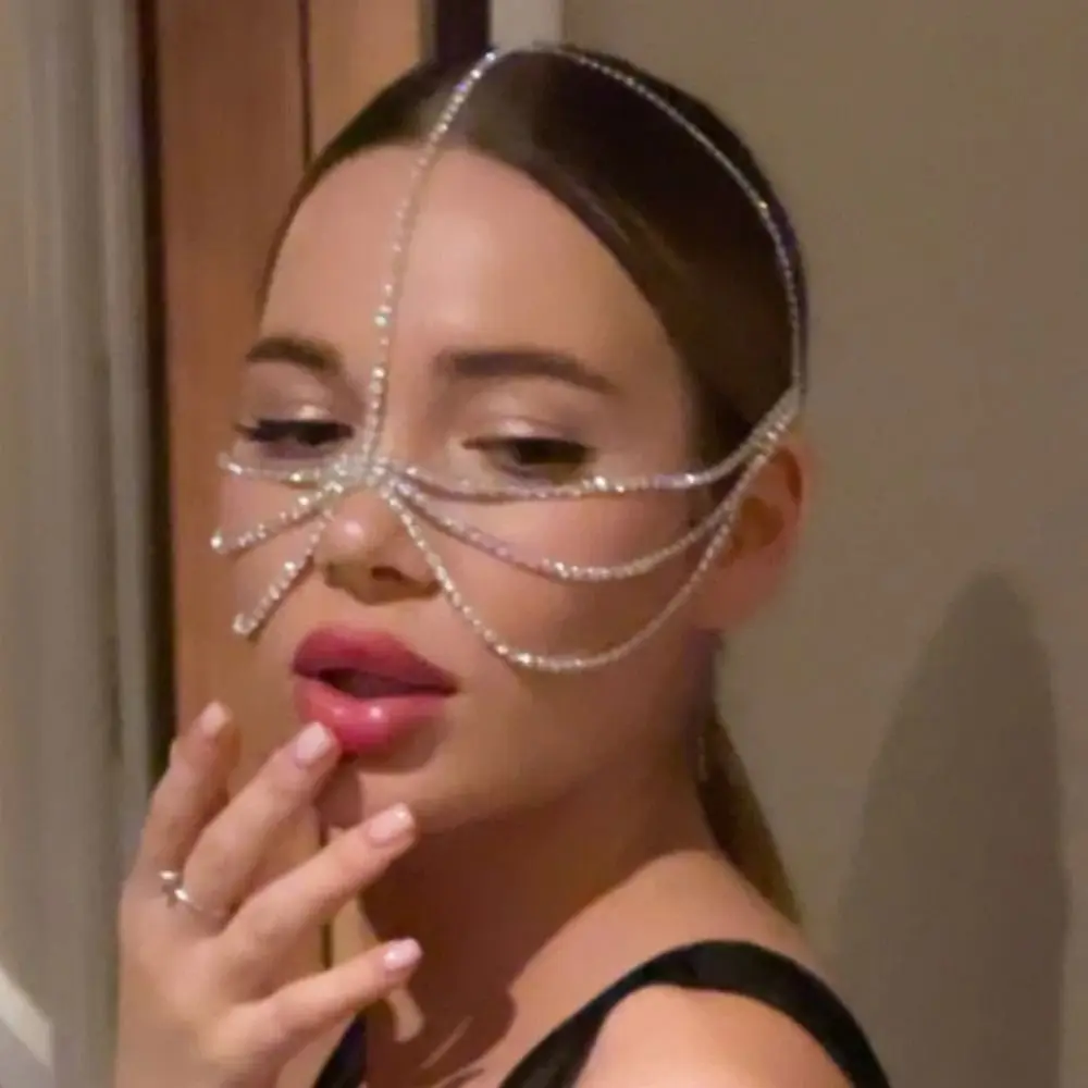 Cubierta de diamantes de imitación, joyería para la cara, decoración para la cara, cadena para el cabello, velo con borla, velo de cristal, cadena para la cara, cadena para la cara en capas de cristal