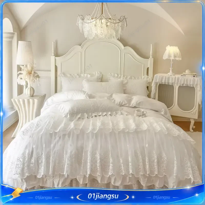4 6 Pcs Princess Wedding Bedding Set 600TC Egyptian Cotton Double Layer Lace Ruffles Duvet Cover Bed Skirt Bedspread