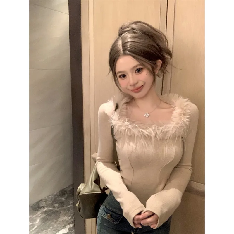 Furry Collar Patchwork Long Sleeve T-shirt Women Autumn Winter Slim Waist Base Crop Top Y2k Aesthetic Spicy Girl Tees