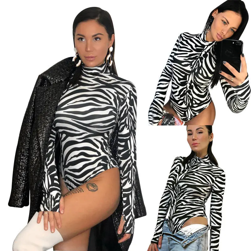 Women Zebra Printed High Collar Jumpsuit Sexy Underwear Long Sleeve Shapewear Bodysuit Chic Tight Slim Bodyshaper Skinny Outfits