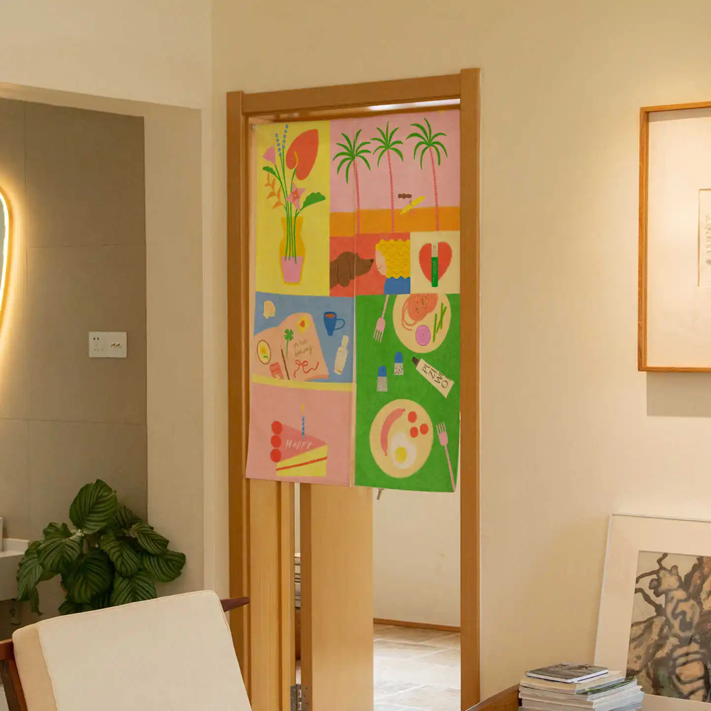 VIKAMA Hand Drawn Tropical Noren Door Curtain Rod Pocket for Kitchen Cafe Minimalist Decor for Home & Commercial Use