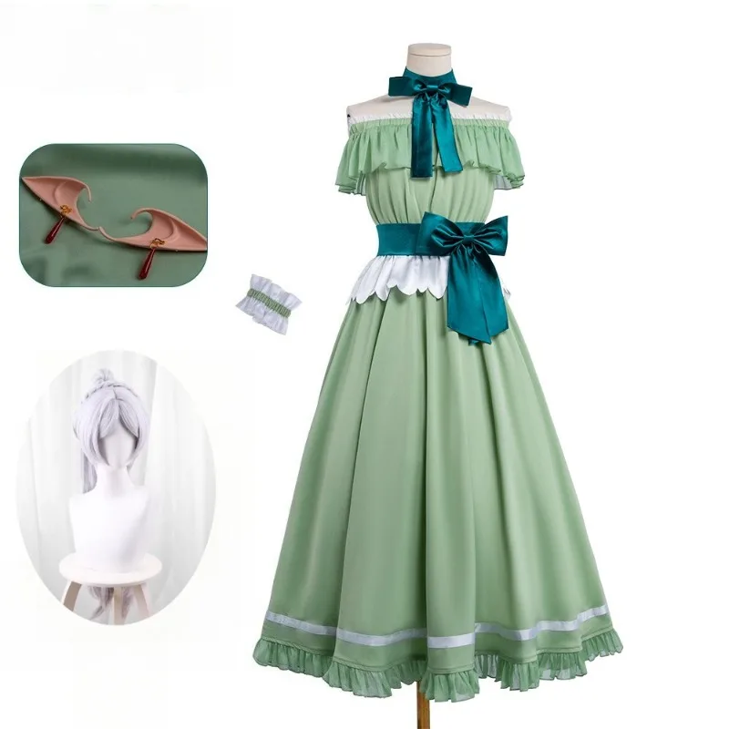 

Anime Frieren Cosplay Costume: Elegant Long Green Dress with Wig Set for Women Girls Halloween Carnival Party Roleplay Outfit