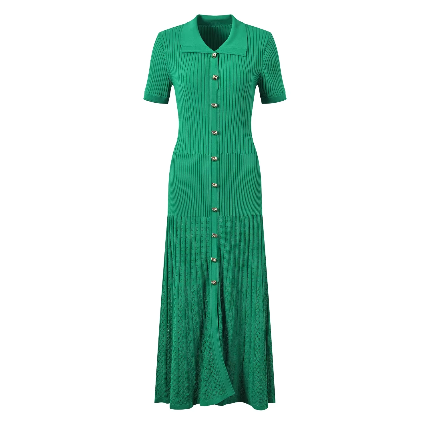 

2024 Spring Summer French Style Women Knitted Short Sleeve Single-breasted Polo Neck Ladies Fashion Maxi Solid Dresses