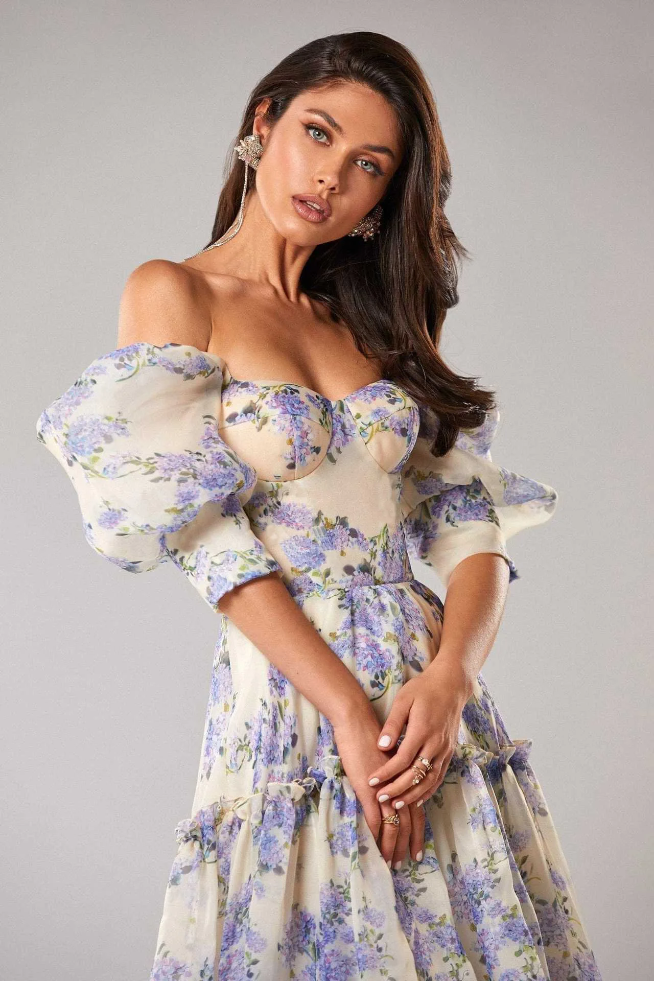 Elegant Floral Print Evening Party Dresses Women Charming A-line Off Shoulder Boat Neck Loose Short Sleeve Prom Gowns Robe Dress