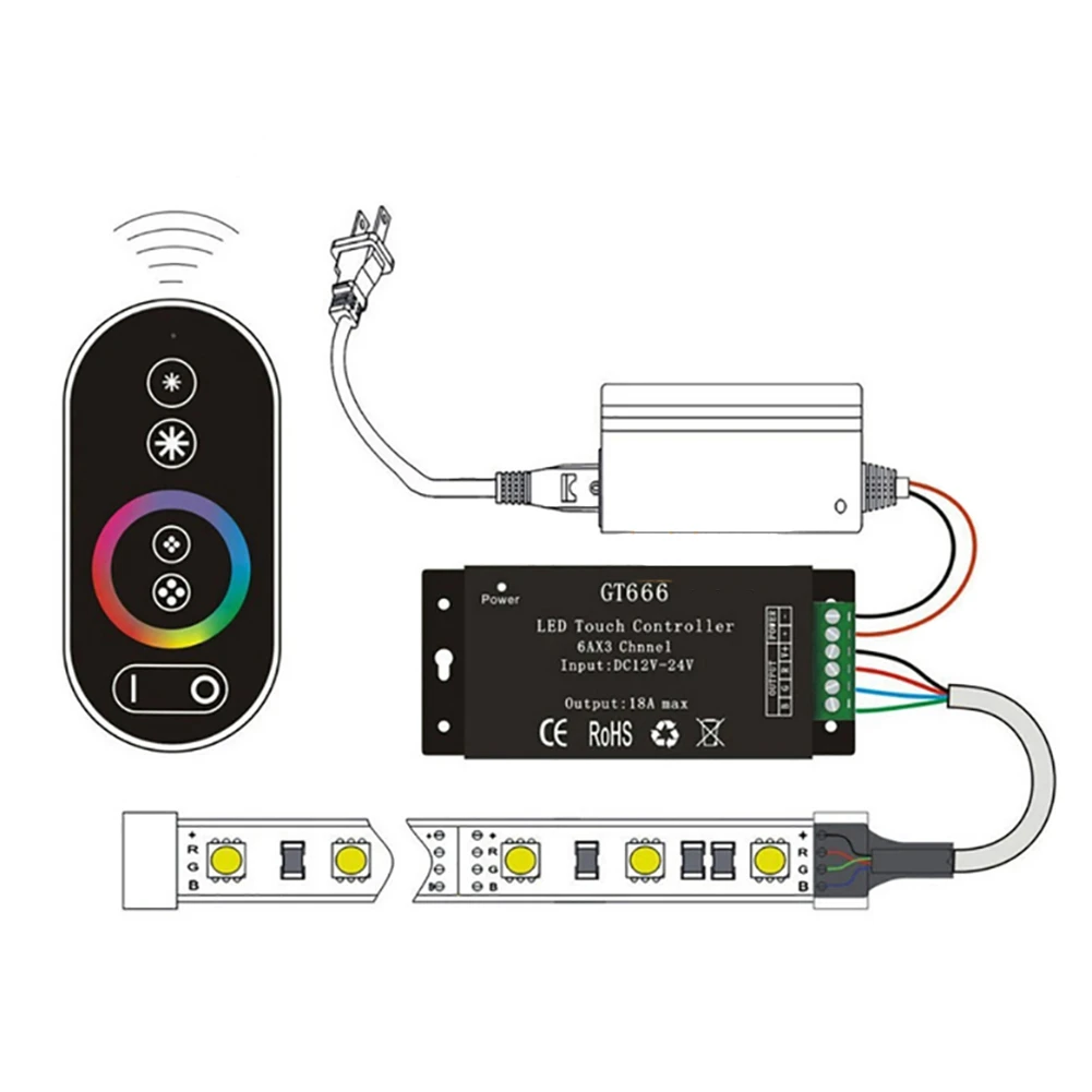 

AA94-GT666 DC12-24V 6Ax3канальный сенсорный светодиодный контроллер RGB для 5050 RGB-лент